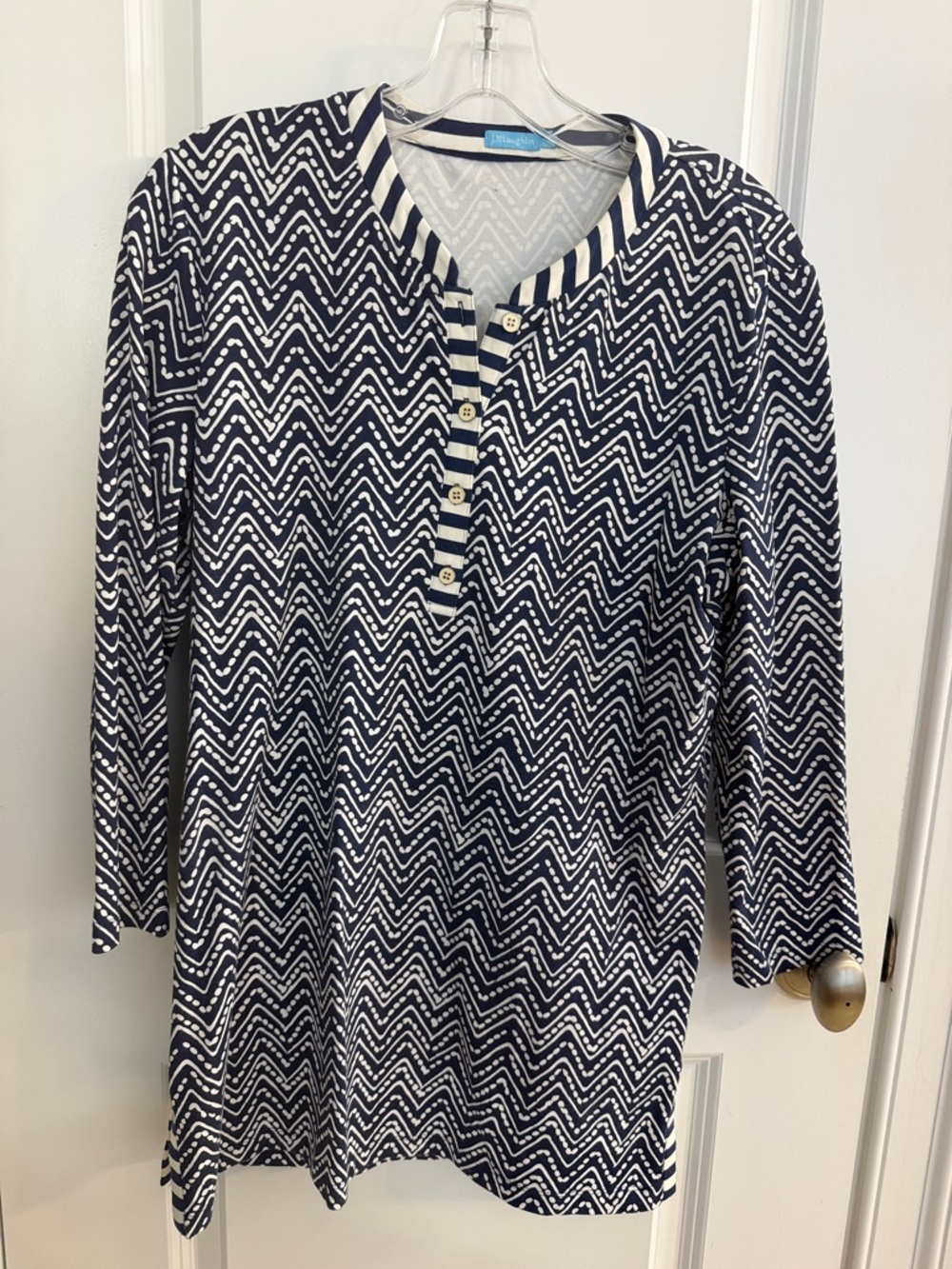 J. McLaughlin Navy and White Chevron Henley Tunic